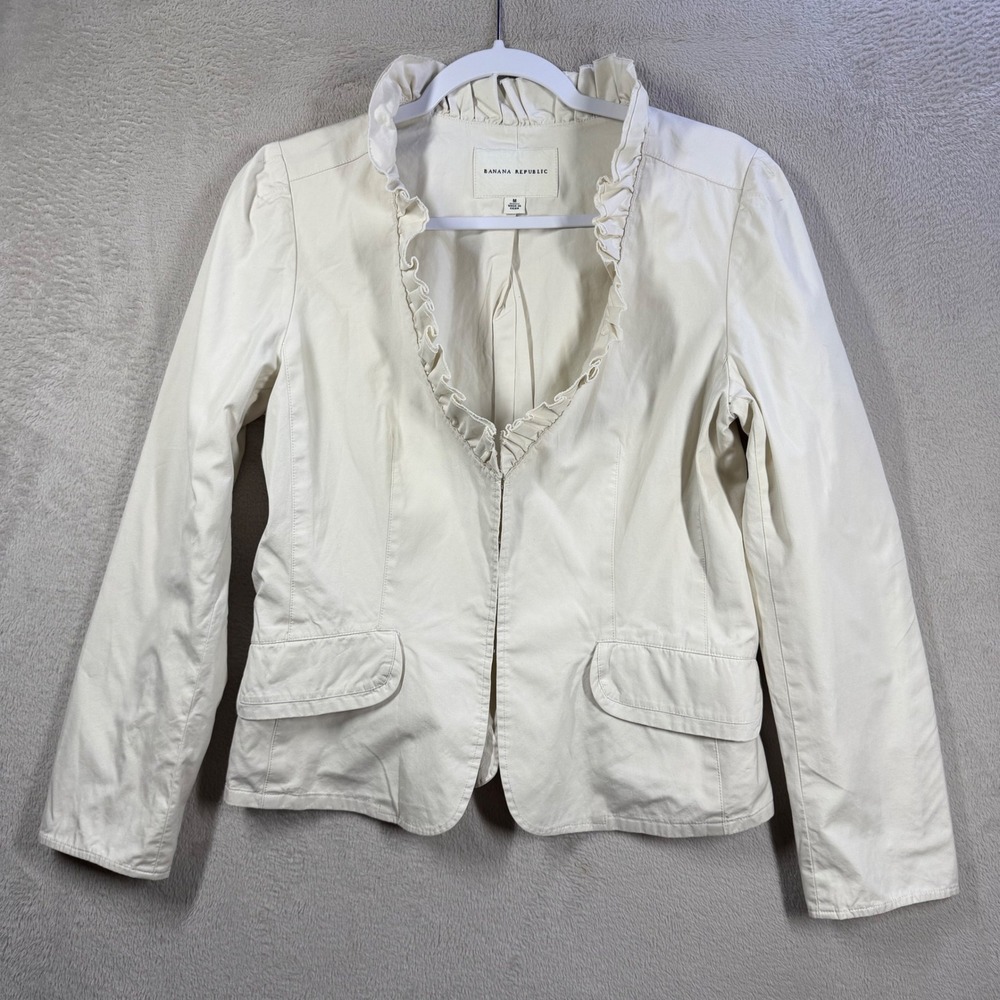 Banana Republic Blazer Women M Cream Ruffle Neck Cotton Career Jacket